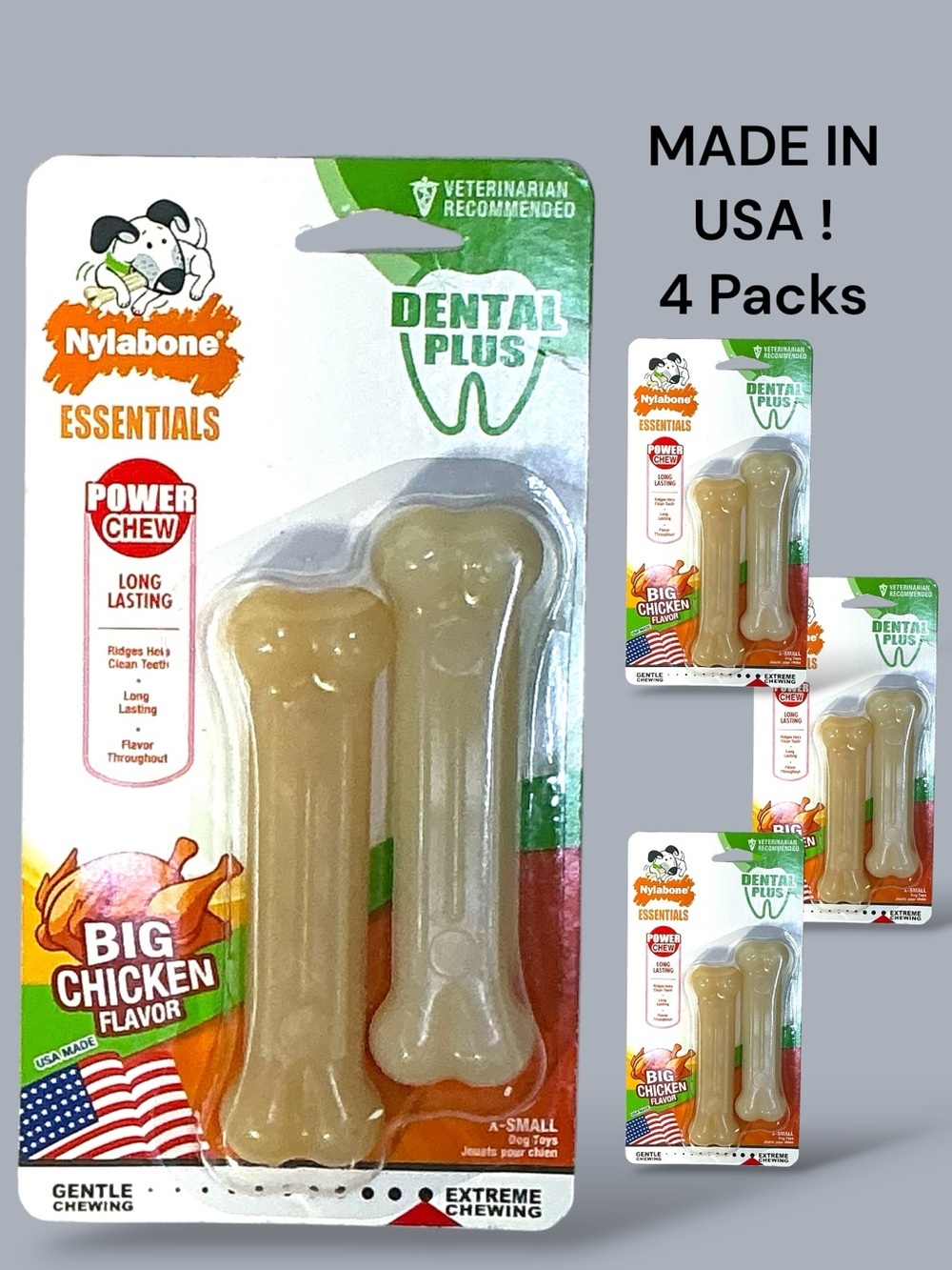 Nylabone Dog Dental Essentials Power Chew Toys Made In USA Chicken Flavor 4 PC